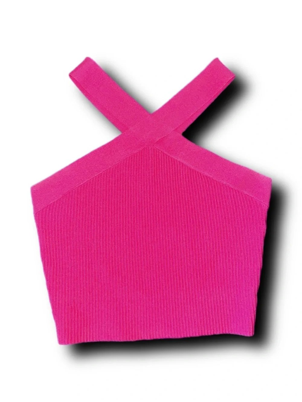 Allie Rose Hot Pink Ribbed Cross-Neck Crop Top Barbiecore - Picture 3 of 5